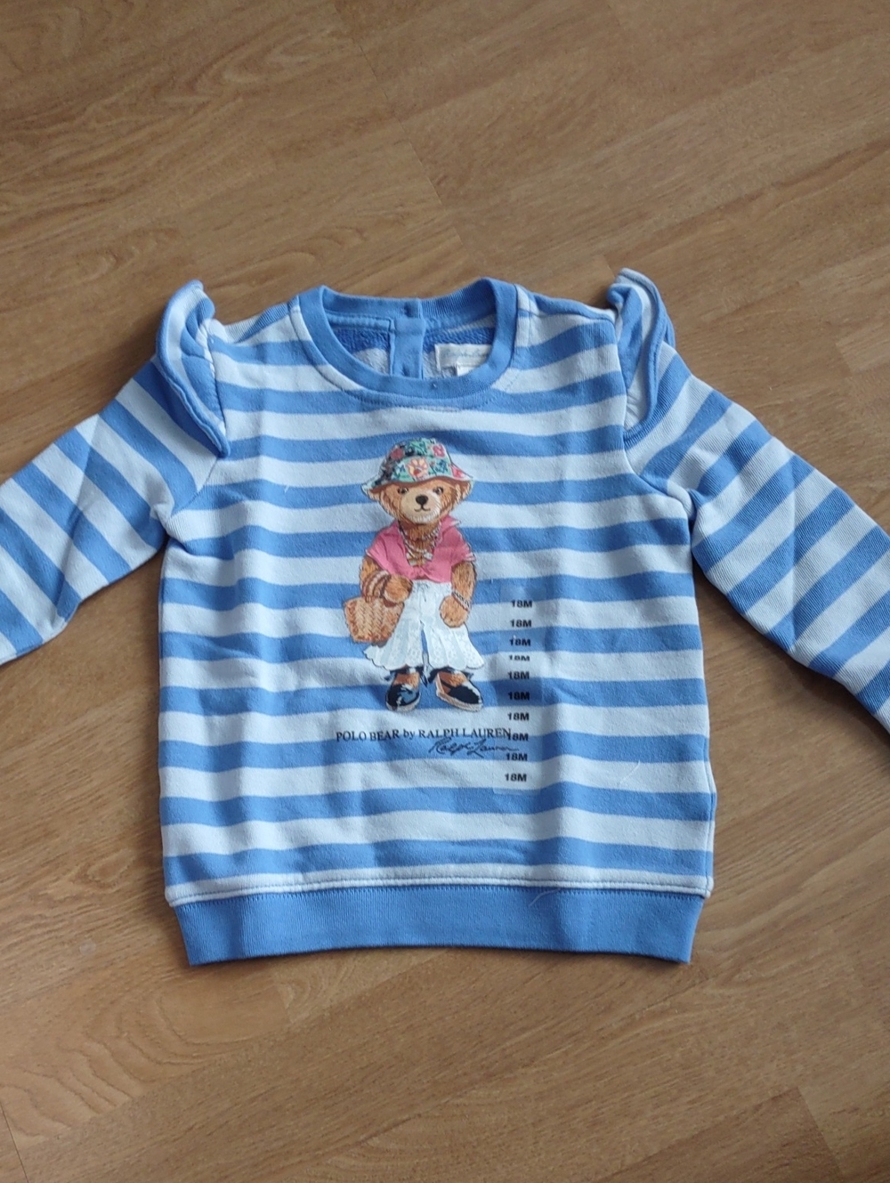 Ralph Lauren Light Blue & White Striped Polo Bear Crewneck Sweatshirt - Kids